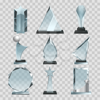 Crystal glass trophy or awards on transparent background. Glass crystal award, blank trophy transparent. Vector illustration