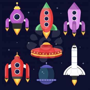 Rockets and space shuttles. Vector illustrations in flat style. Rocket and shuttle launch to galaxy, flight spacecraft