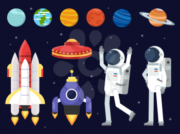 Set of planets, space shuttles and astronauts in flat style. Rocket and astronaut, spaceship and shuttle. Vector illustration