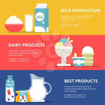 Horizontal banners with pictures of dairy milk products. Template with place for your text. Dairy and milk natural product, banner with breakfast fresh milky food. Vector illustration