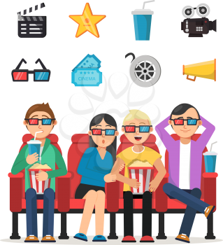 Characters set of funny peoples watching film in cinema. Movie cinema, entertainment film, popcorn and audience. Vector illustration