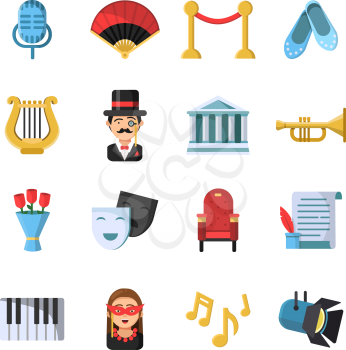 Culture symbols. Masks and others theatre icon set. Vector theater and culture, entertainment comedy performance illustration