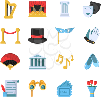 Film, movie and theatre symbols icon set. Vector theater entertainment, performance ballet and drama illustration
