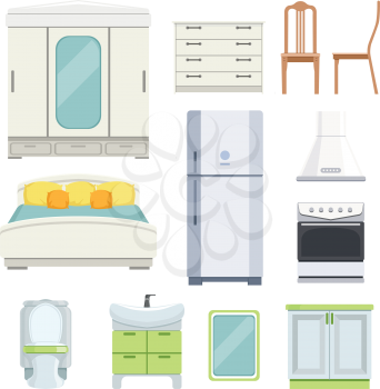 Modern furniture for bedroom, kitchen and living room. Furniture collection for interior room. Vector illustration