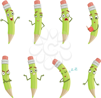 Illustrations of cartoon pencils with different emotions. Cartoon pencil funny character, emotion face drawing vector