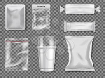 Empty plastic and transparency packages. Vector mockup pictures. Illustration of package plastic clear and transparent