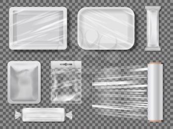 Transparent food packages from polythene. Protection wrap clean, foil and polythene. Vector illustration