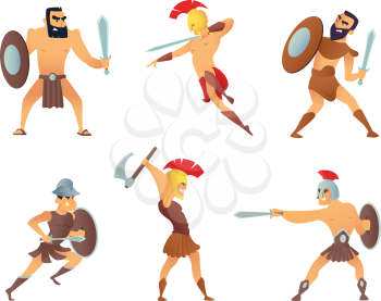 Gladiators holding swords. Fighting characters in action poses. Warrior in battle with sword, medieval soldier. Vector illustration