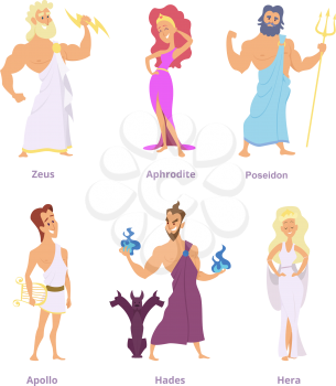 Ancient greek mythology. The gods and goddesses of olympus. Cartoon funny characters zeus and aphrodite, poseidon and apollo, hades and hera. Vector illustration