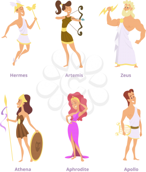 Greek ancient gods. Set of cartoon characters male and female. Vector greek god apollo and artemis, aphrodite and athena, zeus and hermes illustration