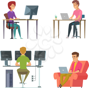 Designers and programmers at work. Programmer and designer, computer workplace. Vector illustration