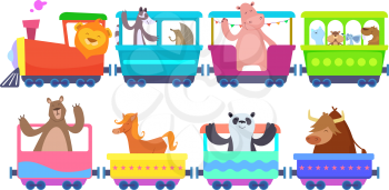 Funny cartoon animals rides in cartoon trains. Zoo animals in toy train traffic, panda and bull, horse and lion. Vector illustration