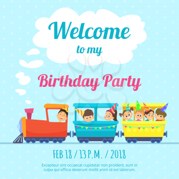Design template of poster for kids party invitation. Illustration of train toys. Vector card invitation to birthday with train and kids