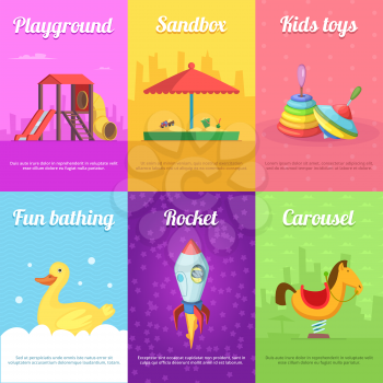 Cards for kids with illustrations of funny toys. Playground and sandbox, bathing and rocket card vector