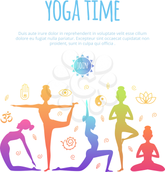 Fitness illustrations with different people making yoga practice. Exercise yoga body, fitness practice relaxation pose vector