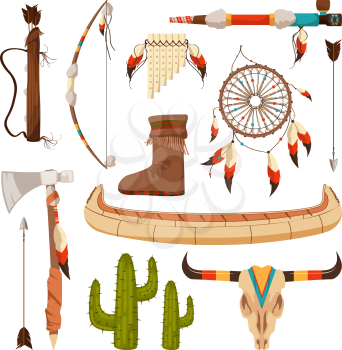 Ethnic and tribal elements and symbols of american indians. Vector indian ethnic canoe and axe, culture of aztec illustration