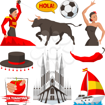 Landmarks and cultural objects and symbols of spain barcelona. Vector spain culture, illustration of tourism spanish, building and corrida