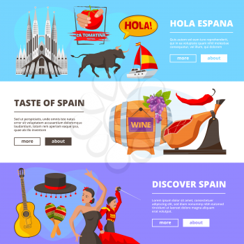 Horizontal banners with illustrations of cultural objects of spain. Vector of culture spain banner, spanish national