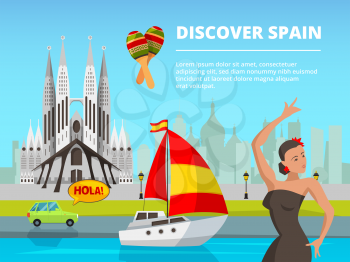 Urban landscape of spain. Vector illustrations in flat style. Spain travel and tourism, spanish barcelona city