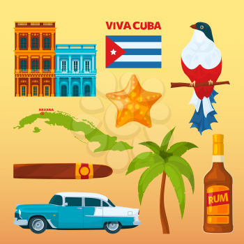 Cuba landmarks and cultural symbols. Vector cuban cigar, retro transport and rum illustration