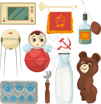 Back to ussr. Symbols and traditional historical landmarks of soviet union. Traditional ussr, soviet union historic nostalgia, vector illustration