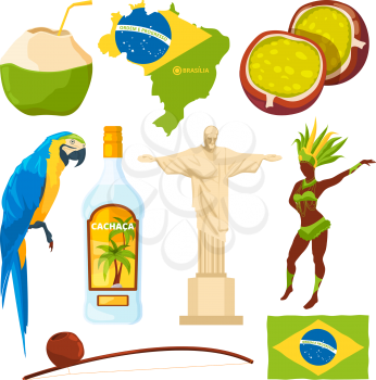 Brazilian landmarks and different cultural symbols. Brazil travel, brazilian culture, carnival and landmark. Vector illustration