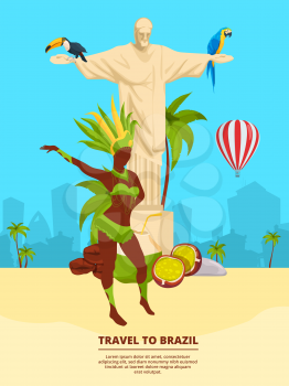 Urban landscape with brazilian landmarks and symbols. Brazil travel, tourism brazilian illustration banner
