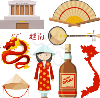 Landmarks and symbols of vietnam. Travel and building temple vietnamese, map and dragon, rhum and hat clothing, vector illustration