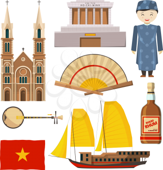 Different pictures of Vietnam symbols isolate on white background. Building vietnam landmark, rhum and vietnamese temple, instrument musical illustration