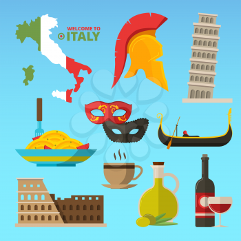 Vector historical symbols of rome italy. Illustrations in flat style. Italy travel and italian tourism, rome landmark, spaghetti and monument