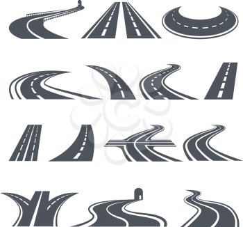 Stylized symbols of road and highway. Pictures for logo design. Vector road and way, asphalt pathway and highway curve illustration