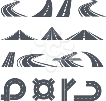 Isolated vector pictures of pathway, different roads and long highway. Illustration of road pathway, curve path asphalt of set