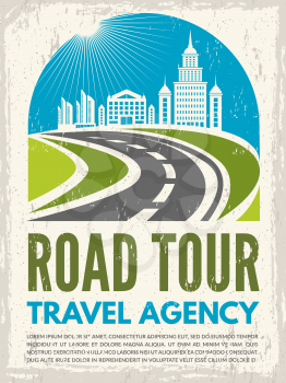 Retro poster with illustration of highway and urban landscape. Vector road tour, journey and route trip, roadway or highway