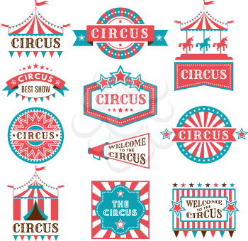 Old badges and labels for carnival and circus show invitation. Monochrome vector logos. Show and festival event, carnival banner label, circus logo illustration