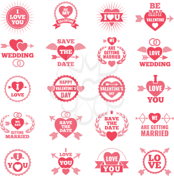 Love symbols for wedding day. Monochrome badges. Valentine vintage emblem, wedding label and badge red monochrome. Vector illustration