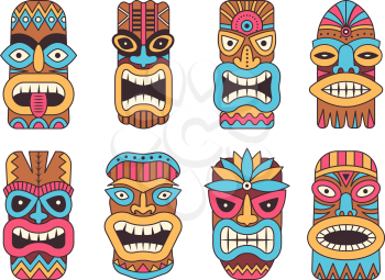 Illustrations of hawaiian tiki god. Tribal totem mask, totem tribal colored face vector