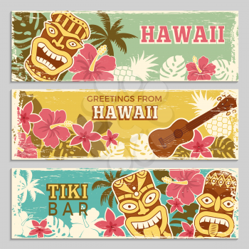 Horizontal banners set with illustrations of hawaiian tribal gods and other different symbols. Hawaiian summer party, banner with tiki and palm vector