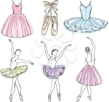 Sketch vector pictures of different ballet dancers. Hand drawn illustrations of ballerinas. Girl dance, ballerina woman beauty performance
