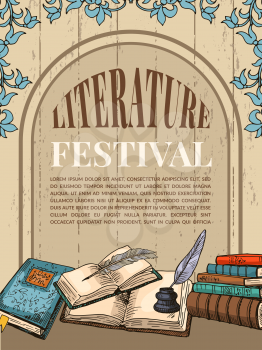 Vintage poster template with illustrations of handwriting books and tools for writers. Vector literature festival books, feather and inkwell