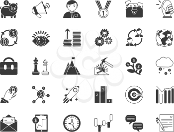 Business and finance symbols. Monochrome icons set isolate on white background. Business finance icon, investment and crowdfunding, exchange money and startup, vector illustration
