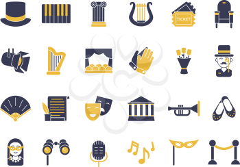 Monochrome icon set of theatre theme. Entertainment and music, ticket to performance, spotlight and musical instrument. Vector illustration