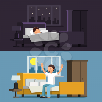 Illustrations of relaxed people. Sleeping man in bed in the night. Male in the morning. Man relax sleep in bedroom, night relaxation comfortable vector