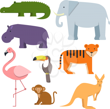 Cartoon clipart of wild animals. Australian fauna animal wild, mammal character, monkey and flamingo, hippopotamus and kangaroo. Vector illustration