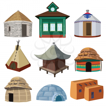 Traditional buildings and small houses of world different nations. Vector yurt and wigwam, tribal tepee and different shelter illustration