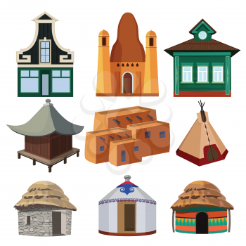 Tribal small houses of different nationalities isolated on white background. Vector wigwam home, native traditional national tipi illustration