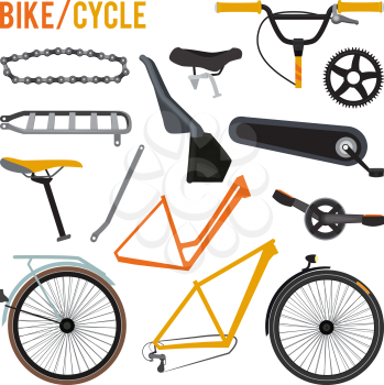 Constructor of different bicycle parts and equipment. Vector bike wheel and parts gear illustration