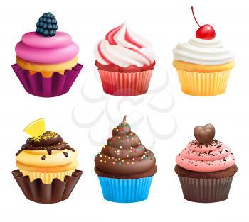 Realistic vector illustrations of cupcakes. Sweets for birthday party. Sweet dessert food and birthday yummy cupcake of set