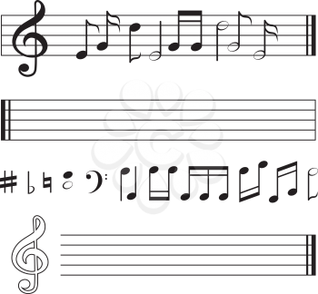 Vector monochrome collection of music notes. Pictures isolate on white. Music note, musical treble audio illustration