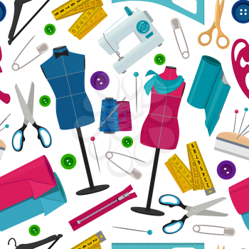 Seamless pattern for tailor shop with different sewing tools. Background needlework tools, thread and needle. Vector illustration