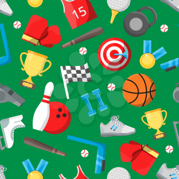 Seamless pattern with different sport equipment. Vector activity game, play bowling and basketball illustration